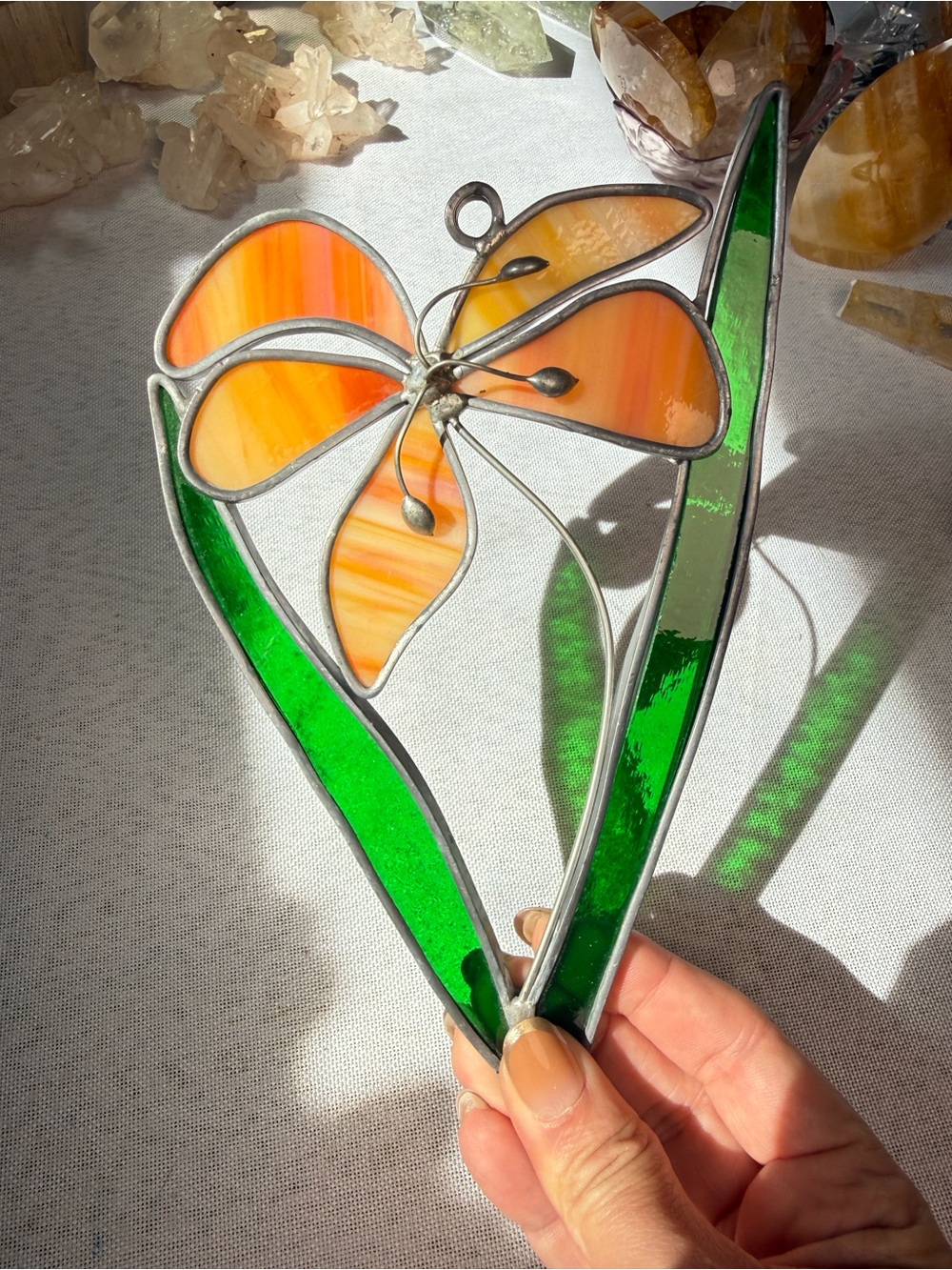 Vintage Handcrafted Stained Glass Flower Suncatcher – Orange Iris Window Hanging